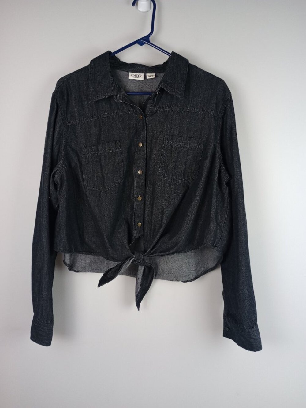 Cato Woman 18/20W Black Denim Crop Waist Tie Long Sleeve Button Up‎ Top